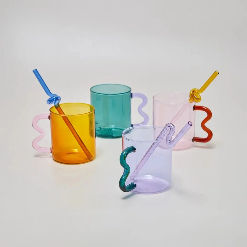 Colorful Handmade Glass Coffee Mug with Unique Squiggle Handle – 300ml Eco-Friendly Drinkware-2