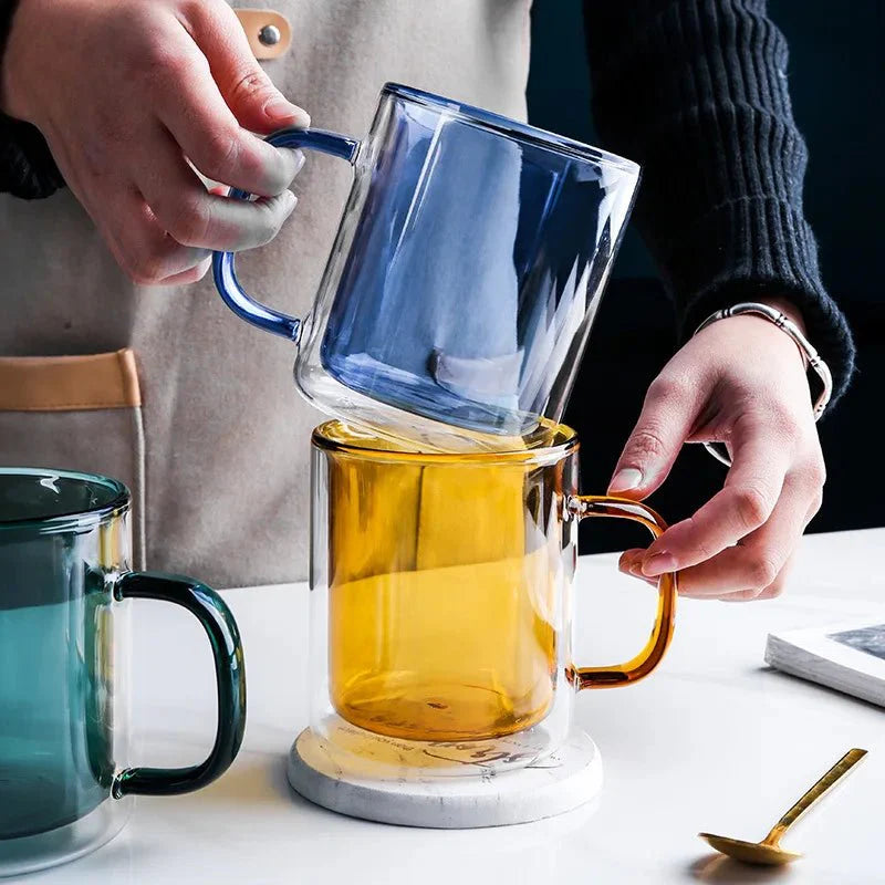 Colorful Double-Walled Glass Coffee Mug with Handle – 350ml Insulated Drinkware for Hot Beverages-2
