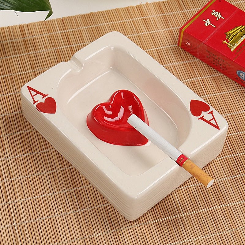 Poker Themed Ceramic Ashtray – Square Red Heart Design for Stylish Home Decor-1