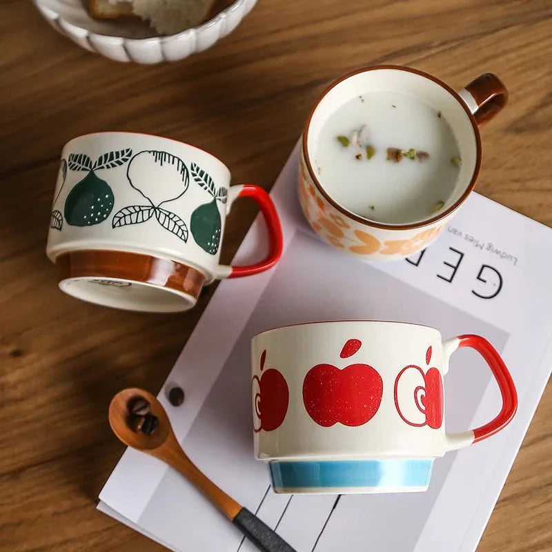 Retro Stackable Ceramic Coffee Mug with Colorful Underglaze – Unique Ear-Shaped Handle, 300ml Capacity-2