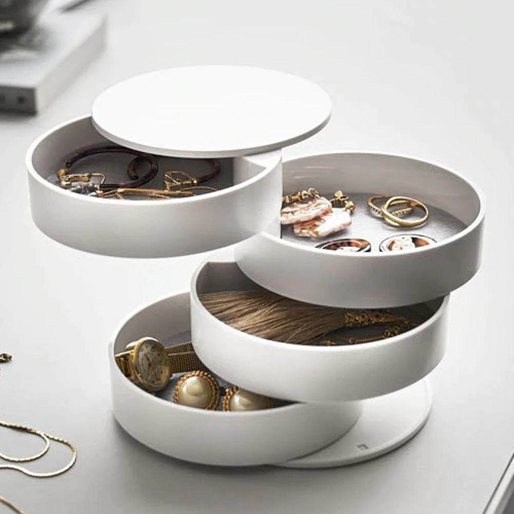 Variant image for Stylish White Jewellery Organiser – Small Round Jewelry Box for Women with 4 Felt-Lined Trays and Rotating Design-2