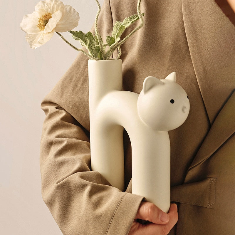 Ceramic Cat Flower Vase in Pastel Colors – Whimsical Home Decor for Flowers and Accents-3