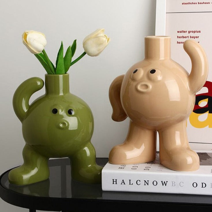 Whimsical Ceramic Flower Vase with Unique Character Design for Home Decor – Durable and Versatile-3