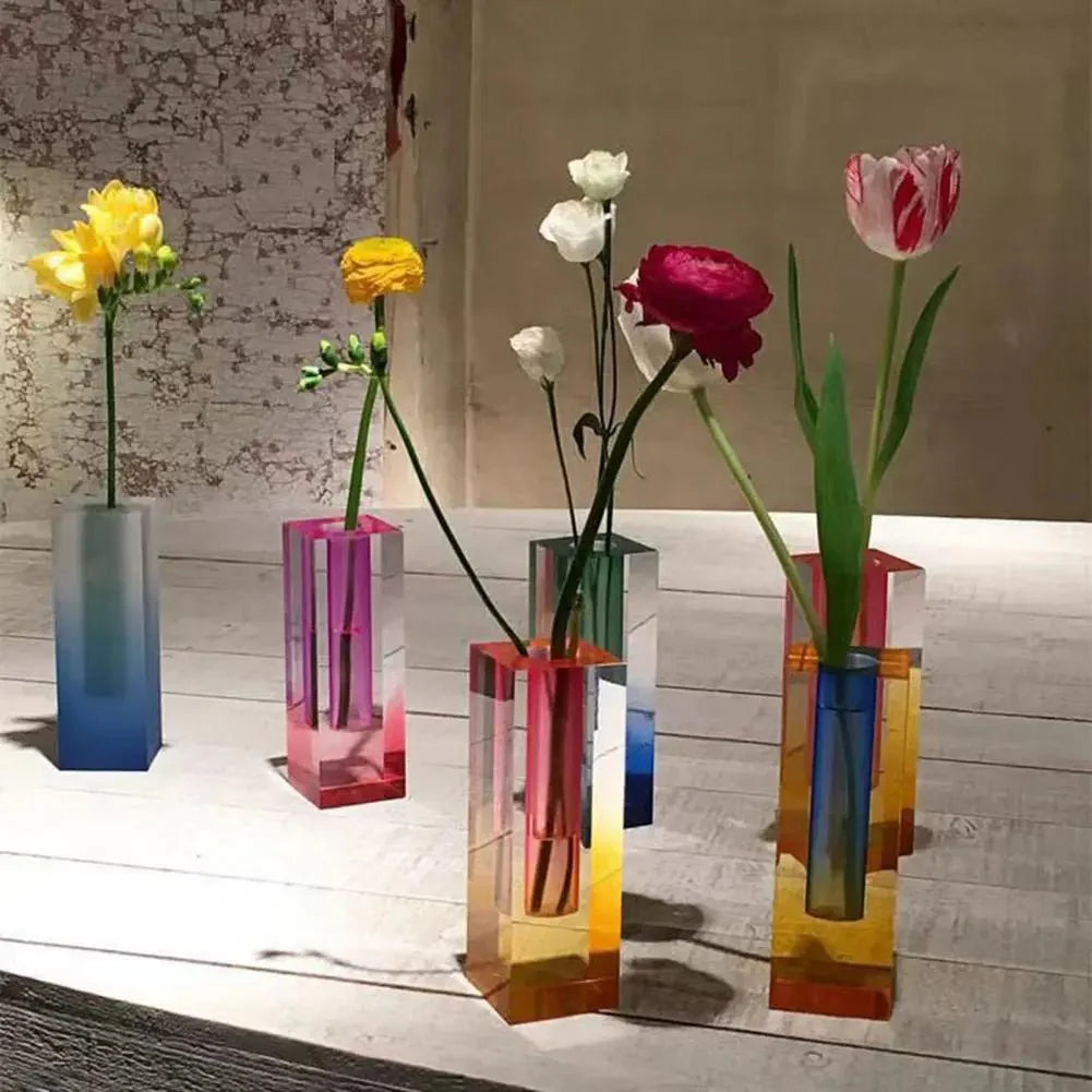 Modern Acrylic Cuboid Flower Vase with Crystal Effect for Elegant Floral Arrangements – Durable Tabletop Decor-2